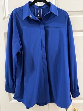 Nike 24.7 Dri-FIT Button Down Shirt Blue Oversized Stretch Women S